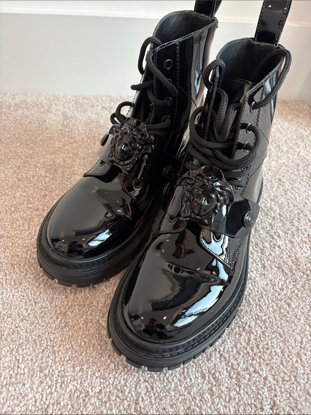 Versace Black Patent Leather Medusa Combat Boots - Women